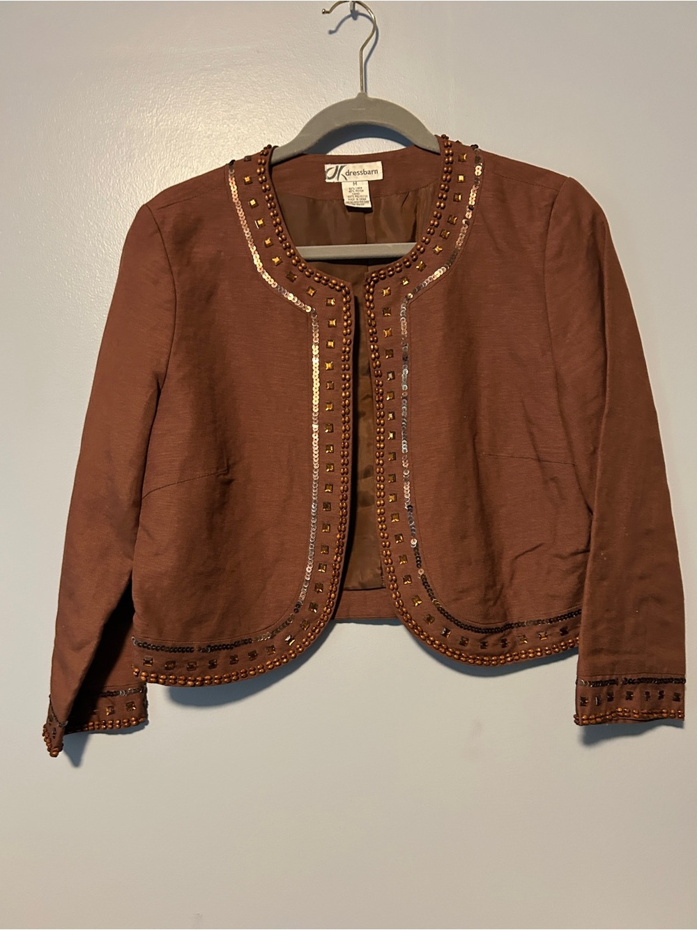 dressbarn Embellished Brown Open-Front Cropped Blazer